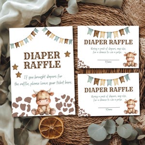 Biglietti per la lotteria dei pannolini da cowboy, decorazioni per baby shower da cowboy, doccia da cowboy da rodeo, piccolo cowboy in arrivo, download immediato modificabile cg01