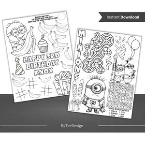 May include: Black and white printable coloring pages featuring the Minions characters from the Despicable Me franchise. The first page has a Minion holding a banana and the text "Happy 3rd Birthday Knox". The second page has a maze, a word search, and two Minions.