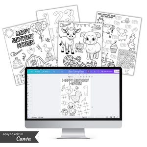May include: A computer monitor displays a coloring page with the text "HAPPY BIRTHDAY HAYDEN" and illustrations of balloons, a chick, and a number one. Several printed coloring pages with farm animals and birthday themes are arranged around the monitor.