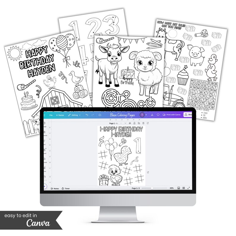 May include: A computer monitor displays a coloring page with the text "HAPPY BIRTHDAY HAYDEN" and illustrations of balloons, a chick, and a number one. Several printed coloring pages with farm animals and birthday themes are arranged around the monitor.
