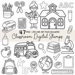 Classroom Digital Stamps, School Line Art Clipart PNG, Teacher Worksheet Graphics, Black and White Classroom Clip Art, Commercial Use