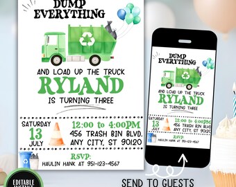 Garbage Truck Birthday Invitation, Dump Everything Trash Bash Party Invite, Editable Boy Birthday