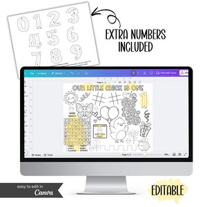 May include: A computer monitor displays a coloring page with the text "OUR LITTLE CHICK IS ONE." The page includes a word search, a chick, and other illustrations. A separate sheet shows numbers 0-9. The text "EXTRA NUMBERS INCLUDED" is also visible.