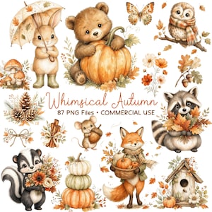 Könnte beinhalten: Eine Sammlung von Aquarellillustrationen mit herbstlichen Tieren, darunter ein Hase mit Regenschirm, ein Bär mit Kürbis, eine Eule, ein Waschbär, ein Fuchs, eine Maus und ein Stinktier, sowie Kürbisse, Pilze und Laub.