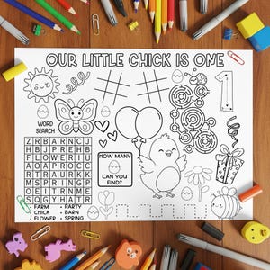 May include: Black and white coloring page with the text "OUR LITTLE CHICK IS ONE." Includes a word search, maze, and illustrations of a chick, balloons, and a butterfly. Perfect for a child's birthday activity.