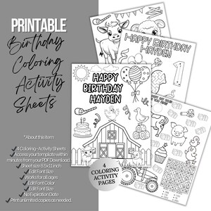 Farm Birthday Party Activity, Barnyard Coloring Sheets for Kids, Printable Kids Party Game, Editable Placemat Set image 2
