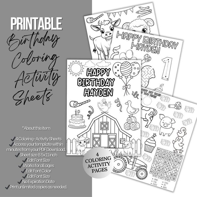 Farm Birthday Party Activity, Barnyard Coloring Sheets for Kids, Printable Kids Party Game, Editable Placemat Set image 2