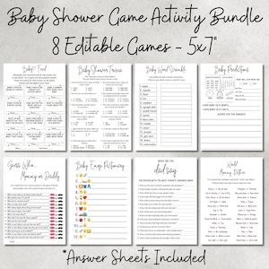 May include: A printable set of 8 baby shower game activity cards. The cards are black and white and feature a variety of games, including "Baby Feud", "Baby Shower Trivia", "Baby Word Scramble", "Baby Predictions", "Guess Who... Mommy or Daddy", "Baby Emoji Pictionary", "What Did The Dad Say", and "Would Mommy Rather". The cards are 5x7 inches and include answer sheets.