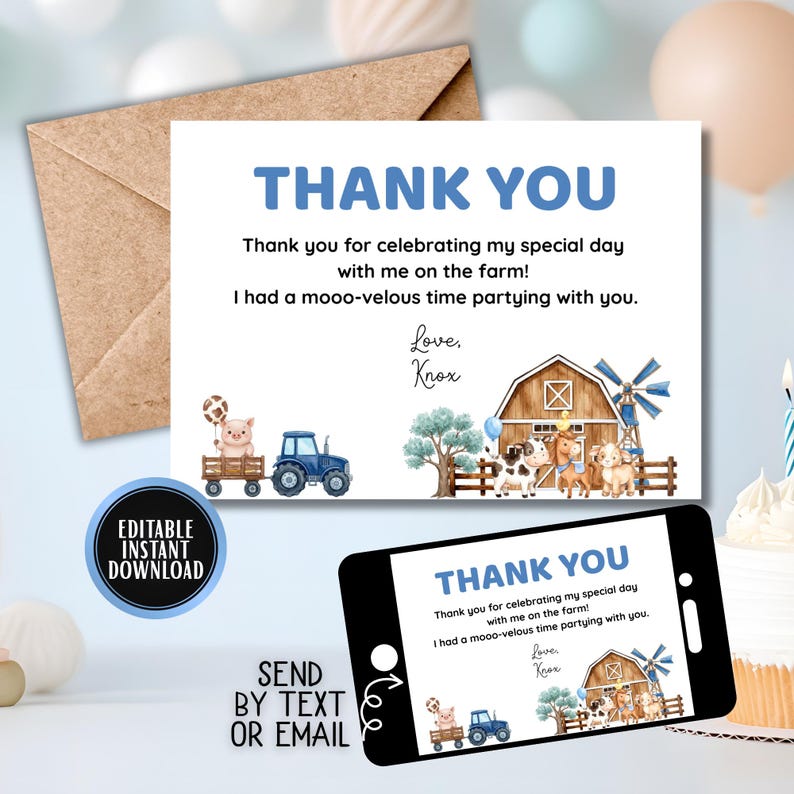 Farm Birthday Thank You Card, Editable Barnyard Appreciation Card for ...