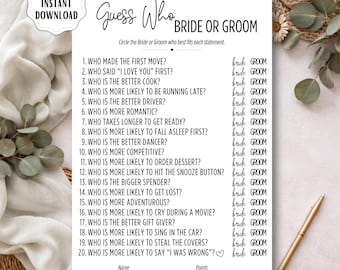 Guess Who Bride or Groom Trivia Game, Bridal Shower Game, Wedding Couple Quiz, Editable Template