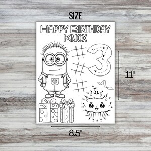May include: Black and white printable coloring page featuring a Minion character, a number 3, two gift boxes, and a connect-the-dots cupcake. The page says "Happy Birthday Knox" and measures 8.5 inches by 11 inches.
