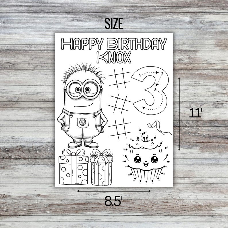 May include: Black and white printable coloring page featuring a Minion character, a number 3, two gift boxes, and a connect-the-dots cupcake. The page says "Happy Birthday Knox" and measures 8.5 inches by 11 inches.