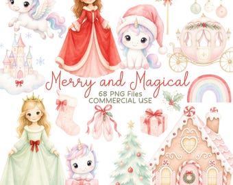 Christmas Unicorn Clipart PNG Bundle, Fairy Tale Princess Clip Art, Pastel Christmas Castle, Commercial Use
