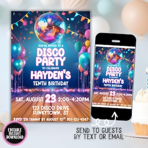 Disco Party Birthday Invitation, Editable Dance Party Template with Retro Disco Ball, Neon Glow Theme, Any Age Printable Invite Download