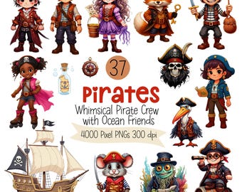 Pirate Clipart Bundle | Kids Pirate Characters, Animals, Ships & Treasure PNG, Commercial Use