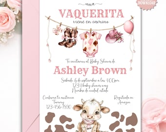 Invitación Vaquera Baby Shower Niña | Cowgirl Baby Shower Invitation in Spanish | Editable Western Theme