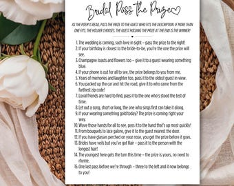 Bridal Shower Game Pass the Prize | Printable Wedding Shower Game & Icebreaker | Fun Poem for Bride-to-Be Party | Editable Instant Download