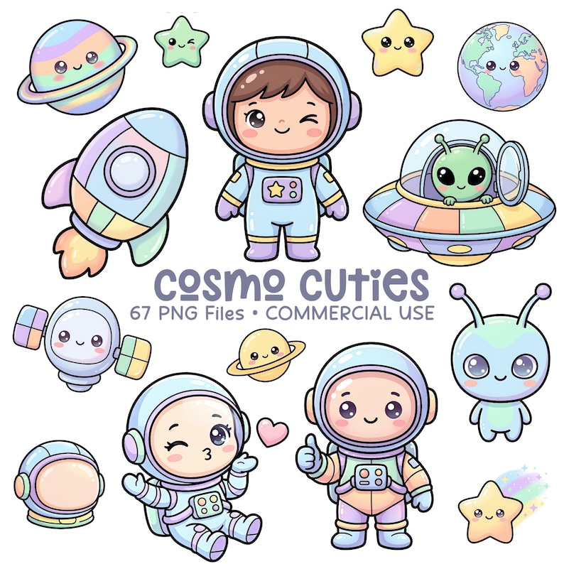 Space Clipart Bundle, Kawaii Astronaut PNG, Alien Clip Art Set, Kids ...