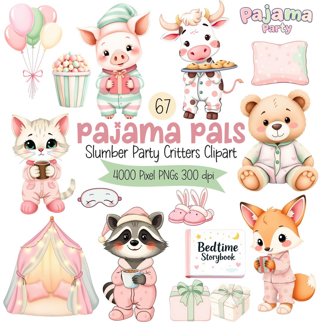Animals in Pajamas Clipart – Sleepover Slumber Party PNG Graphics ...