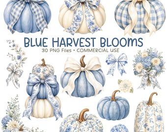 Fall Pumpkin Clipart, Blue Watercolor PNG, Chinoiserie Floral Pumpkins, Gingham Bows (Commercial Use)