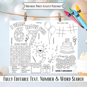 Six Seven Birthday Activity Placemat, I Was 6 Now I'm 7 Coloring Page, Kids Party Printable Game, Editable Template