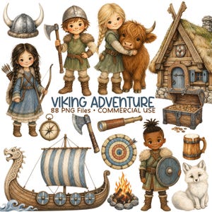 Pode incluir: Uma coleção digital de ilustrações com tema viking, incluindo crianças em túnicas com acabamento em pele, um navio viking de madeira, uma cabana com telhado de palha, um baú de tesouro, uma bússola, machados, um telescópio, um alvo, uma fogueira, uma caneca e uma raposa branca.