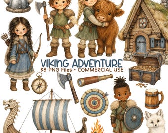 Viking Clipart, Cute Viking Kids PNG, Nordic Adventure, Viking Ship, Dragon, Watercolor Commercial Use