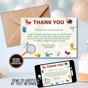 Könnte beinhalten: Eine Party-Einladung mit dem Text "THANK YOU" und "Thanks for Crawling By!" mit bunten Cartoon-Käfern. Enthält einen braunen Umschlag und ein Smartphone, das das gleiche Design anzeigt. Sofortiger, bearbeitbarer Download.