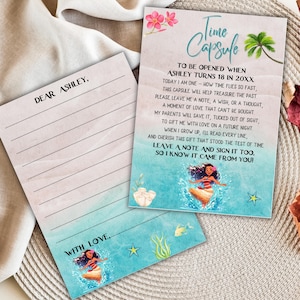Plantilla editable de letrero y carta de cápsula del tiempo de cumpleaños de Moana, decoración de recuerdo para fiesta de Moana, fiesta temática del océano tropical, descarga instantánea