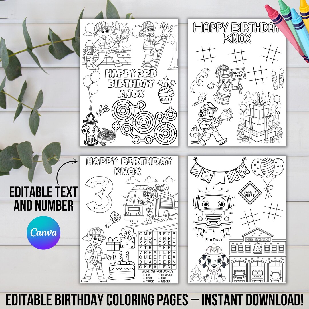 Firefighter Birthday Coloring Pages, Printable Fire Truck Party ...