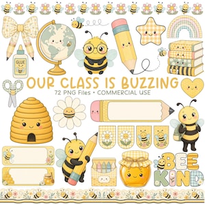 Op de afbeelding: Een digitale collectie schoolthema-afbeeldingen met cartoonbijen, een wereldbol, potloden, boeken, een bijenkorf, een honingpot en bloemen. De tekst luidt OUR CLASS IS BUZZING, 72 PNG Files, COMMERCIAL USE en BEE KIND in geel en groen.