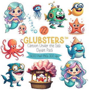 Under the Sea Clipart, UnderSea Clip Art, Sea Animals, Glubsters™ Cartoon Ocean Animals, Mermaids, Silly Sea Creatures, Instant Download