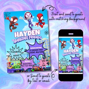 Bewerkbare Gwen Ghost Spidey en haar geweldige vrienden verjaardagsuitnodiging, Ghost Spidey uitnodigen, superheld meisje thema, Instant Download