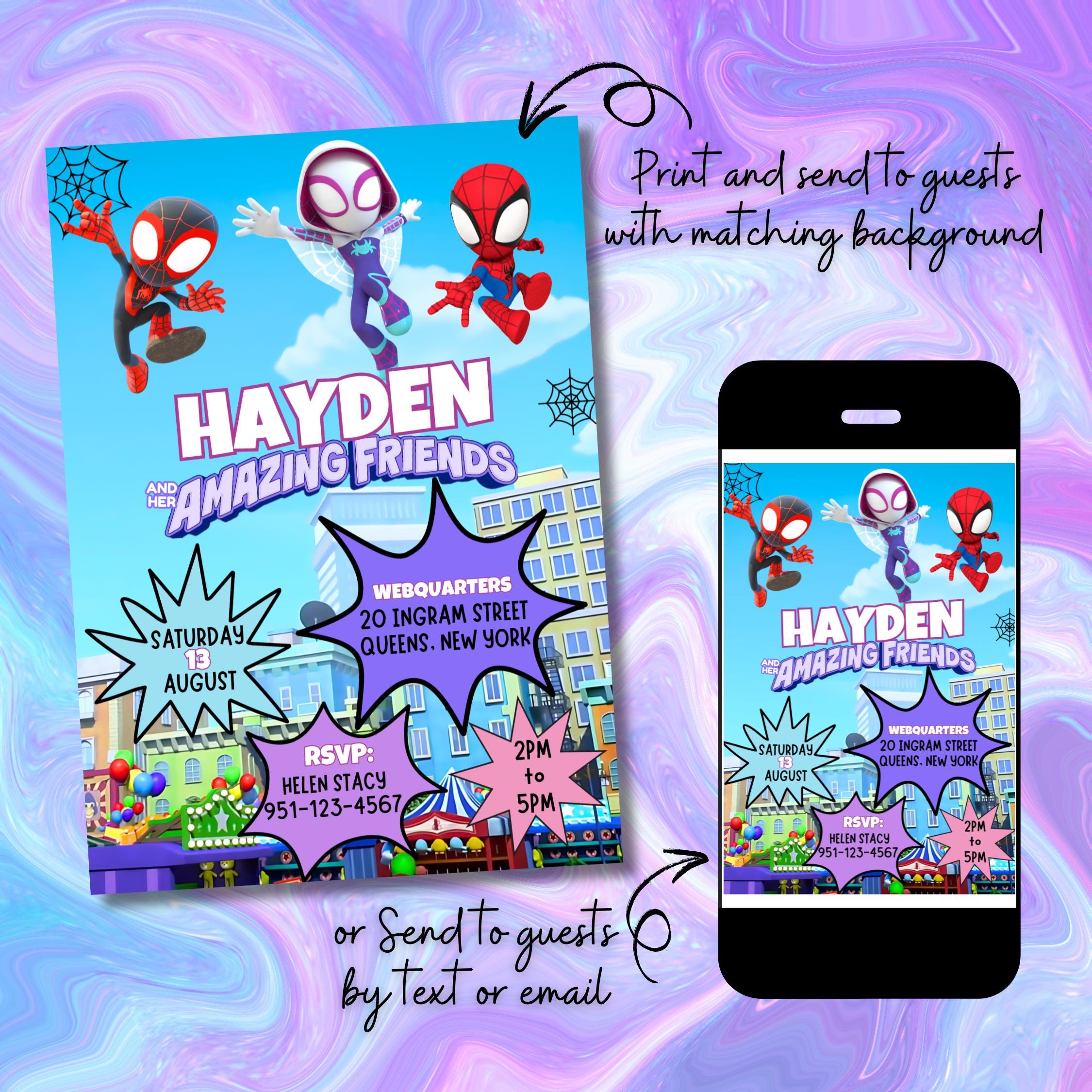 Editable Gwen Ghost Spidey And Her Amazing Friends Birthday Party Invitation, Ghost Spidey invite, Superhero Girl Theme, Instant Download