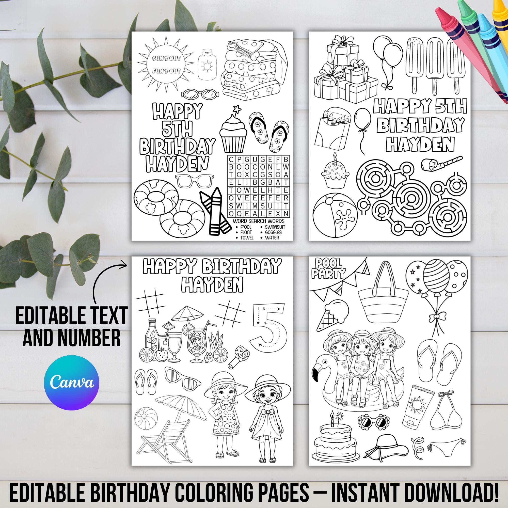 Pool Party Coloring Pages | Printable Pool Party Activity Sheets | Editable Birthday Party Favor | Placemat | Kids Activity Instant Download