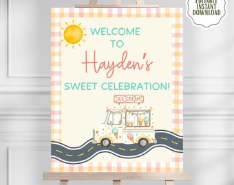 Ice Cream Birthday Welcome Sign, Ice Cream Party Decor, Sweet One Two Sweet Birthday Poster, Editable Template