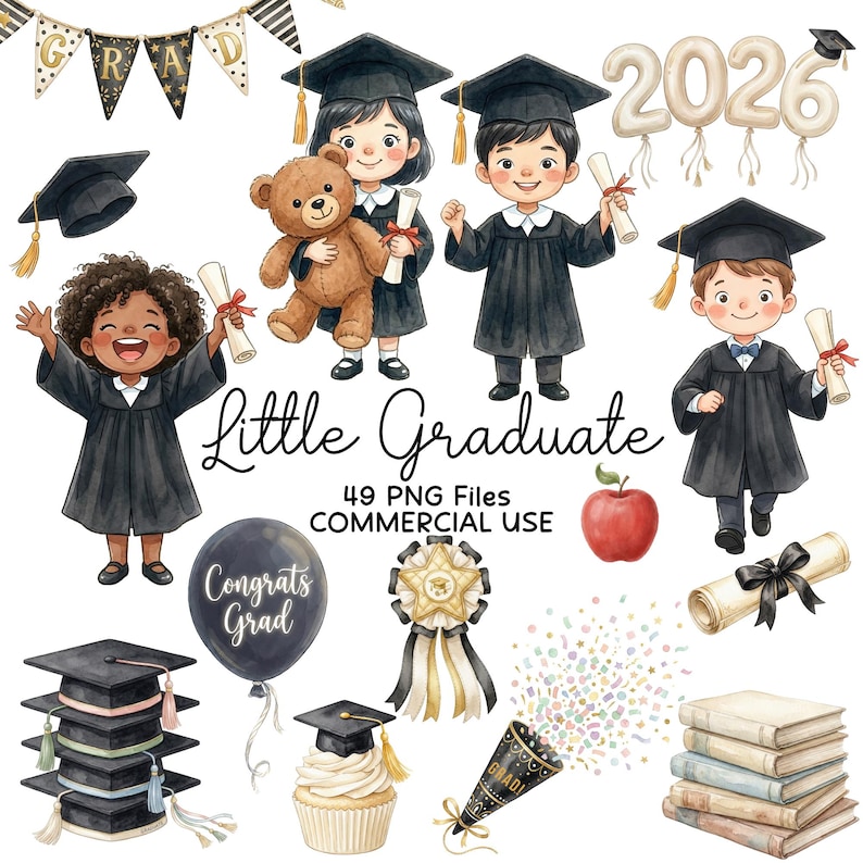 Graduation Clipart PNG Set, Class of 2026 Clip Art, Groovy Grad ...