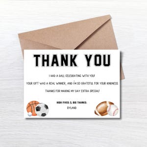 Carte de remerciement sur le thème du sport, carte de remerciement de baseball, football, basket-ball, football, carte de cadeau de fête d'anniversaire pour garçons, téléchargement immédiat modifiable