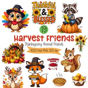Könnte beinhalten: Eine farbenfrohe digitale Illustration mit Thanksgiving-Motiven. Sie zeigt einen Truthahn, einen Waschbären, ein Eichhörnchen und ein Reh, zusammen mit Kürbissen, Kuchen und einem Füllhorn. Der Text enthält "Harvest Friends" und "Thankful & Blessed."