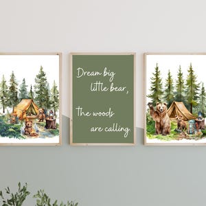 Woodland Bear Nursery Decor, Dream Big Little Bear Nursery Wall Art, Bear Nursery Wall Art Custom, Camping Family Bears Digital Download