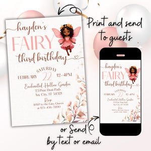 Convite de aniversário de fada rosa, modelo de festa de fada editável para qualquer idade, tema de duende para impressão, fada da floresta com cachos, download instantâneo