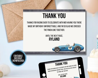 Race Car Birthday Thank You Card | Editable Boys Racing Party Digital Template | Blue Vintage Car Thank You Note | Instant Download