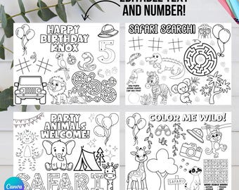 Editable Safari Birthday Coloring Pages for Kids | Printable Jungle Animal Activity Sheets – Safari Birthday Party Favor | Instant Download