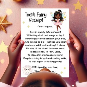 May include: A Tooth Fairy Receipt held by a child. The receipt features a poem and an illustration of a fairy with a tooth. The text reads "Tooth Fairy Receipt" and is addressed to "Hayden".