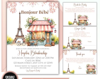 Paris Baby Shower Invitation Bundle | Eiffel Tower Theme, Editable Templates, Printable Party Bundle