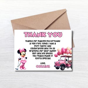 Minnie Golf-bedankkaart meisje, minigolffeest bedankt, bewerkbare roze golfbedankkaart, digitale putt-putt verjaardag instant sjabloon