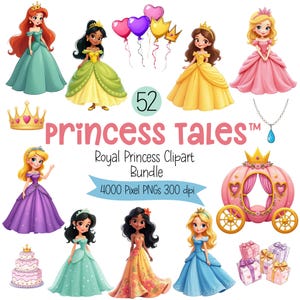 Pacote de Cliparts de Princesas | Imagens de Aniversário de Contos de Fadas | Clip Art de Aniversário Real para Meninas | Download Instantâneo de Cliparts para Artesanato e Impressões