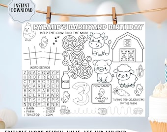 Mantel individual con actividades para cumpleaños en la granja: página para colorear editable con temática de granja, trazado de tractor, sopa de letras imprimible