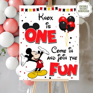 Editable Mickey Mouse 1st Birthday Welcome Sign Poster, Mickey Cartoon Decor, Classic Mickey Party Theme, Boy Birthday