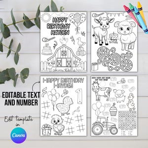Farm Animals Birthday Coloring Pages, Barnyard Party Printable Coloring Sheets,  Birthday Activity, Kids Party Fun Editable Instant Download